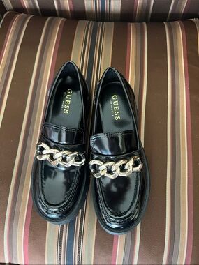 GUESS Black Patent Loafers with Gold Chain Trim
